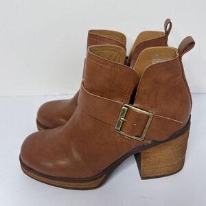 Korks Kari Brown Tan Faux Leather Block Heel Booties Square Toe Womens